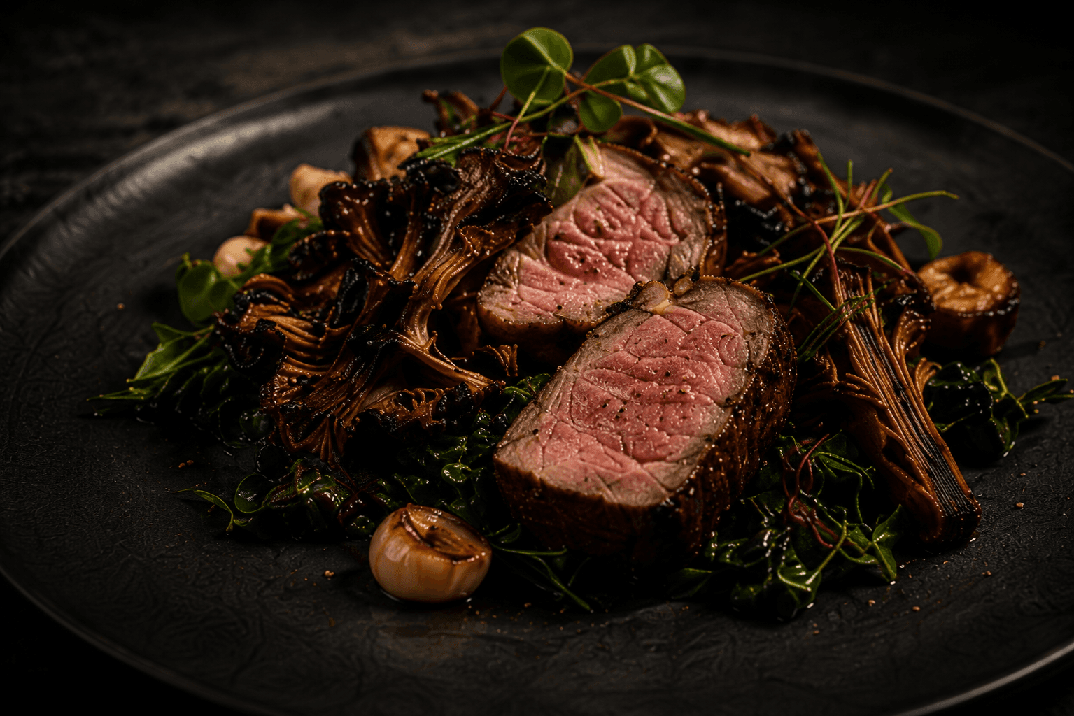 Wood-roasted lamb rump with black garlic
